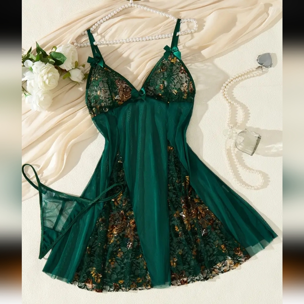 Emerald Green Lace Mesh Babydoll Lingerie Set Sheer Floral Bow Detail XL